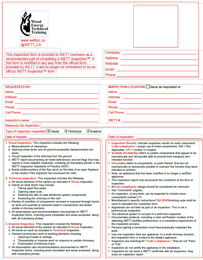 A picture of a WETT-approved inspection Report Form